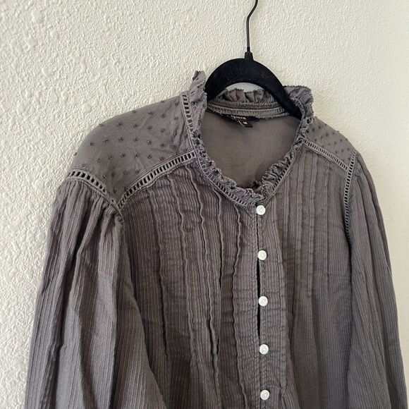 Quince Women's Top Med Textured Organic Cotton Peasant Blouse Charcoal Gray - Picture 6 of 16